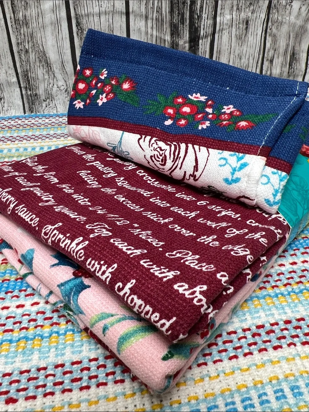 The Pioneer Woman Blue, Teal, Red Floral & Script Kitchen Towels Wishful Winter